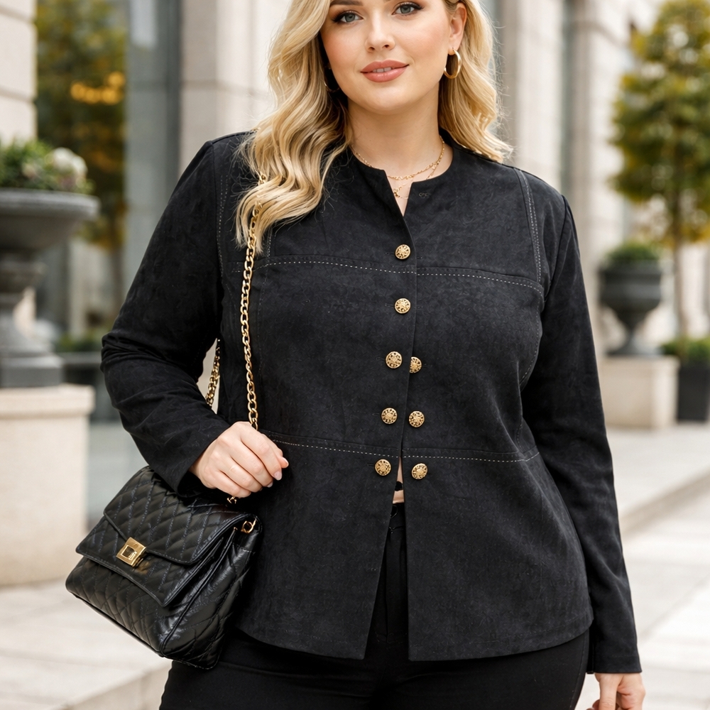 Tradition Plus Size Black Button-Up Jacket Gold Buttons Textured Blazer Chic